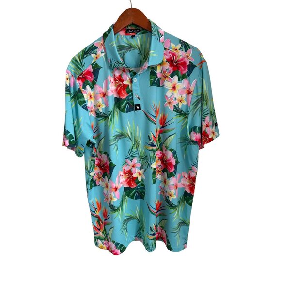 Bad Birdie Mens XL Hawaiian Floral Polo Shirt Tropical Short Sleeve Polyester - Picture 2 of 8